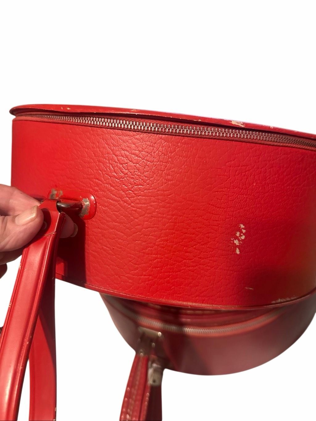 Vintage Genuine Red Leather Zippered Round Travel Case Hat Box